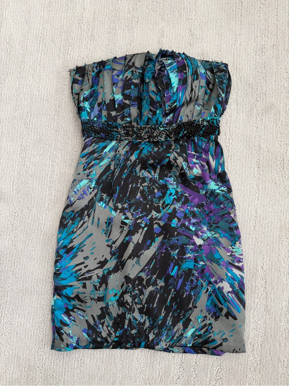 BCBGeneration Strapless Abstract Mini Dress in Teal, Purple & Black